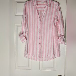 C&C California L 100% LINEN Striped White Pink Button Up RollTabSlve Women Shirt